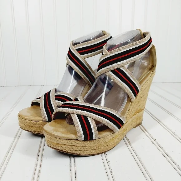MIA Rope Heels Tan Black White Red Striped Ankle Strap Wedge Sandals C4 - Picture 2 of 11